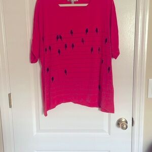 Red23 Pink & Black Birds on Wires Oversized Relaxed Tee/Tunic/Blouse